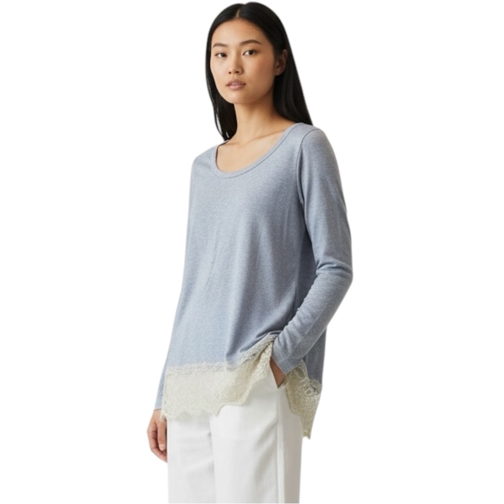 SOFT SURROUNDINGS Long-sleeved Tee w/ Lace at Hem Shirt in Blue Size XS - Picture 2 of 9